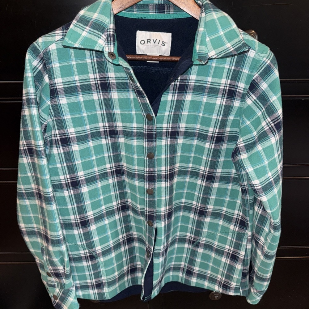 Orvis Snap Down Flannel Green Blue Plaid Fleece Shacket Shirt‎ Jacket Women's L